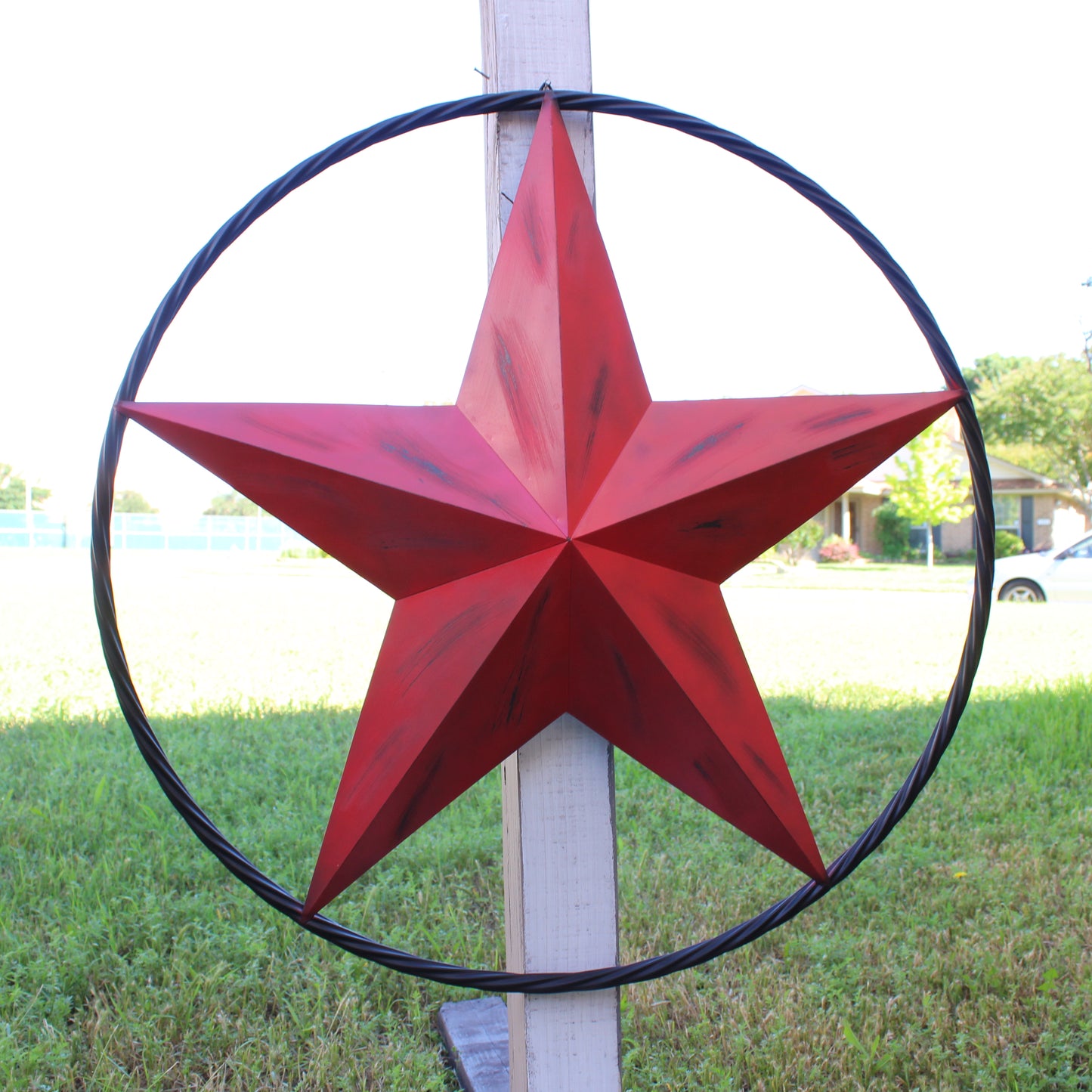 RED DISTRESSED STAR TWO TONE TEXTURE WITH BLACK RING METAL LONESTAR TWISTED ROPE RING WESTERN HOME DECOR HANDMADE NEW #EH10645