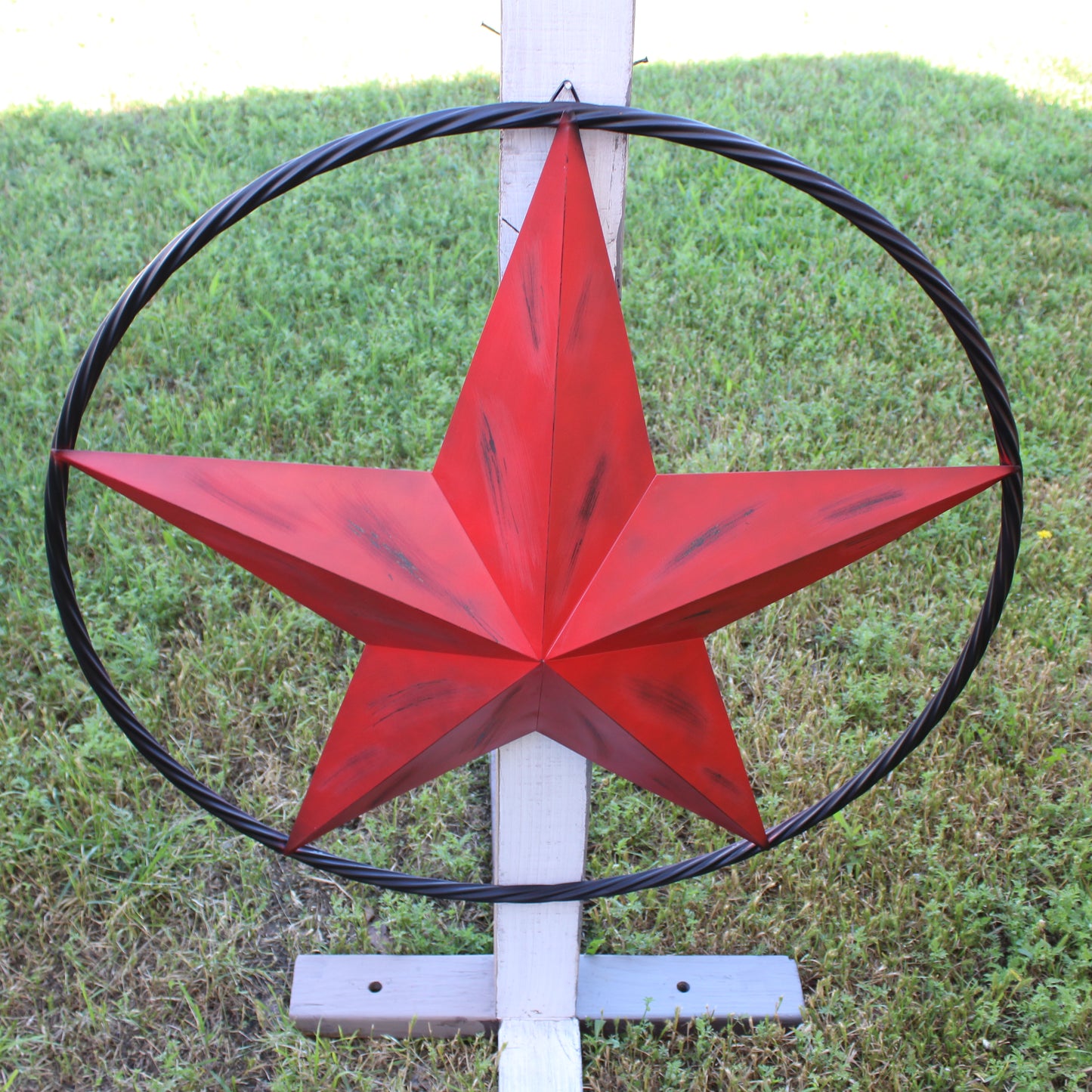 RED DISTRESSED STAR TWO TONE TEXTURE WITH BLACK RING METAL LONESTAR TWISTED ROPE RING WESTERN HOME DECOR HANDMADE NEW #EH10645