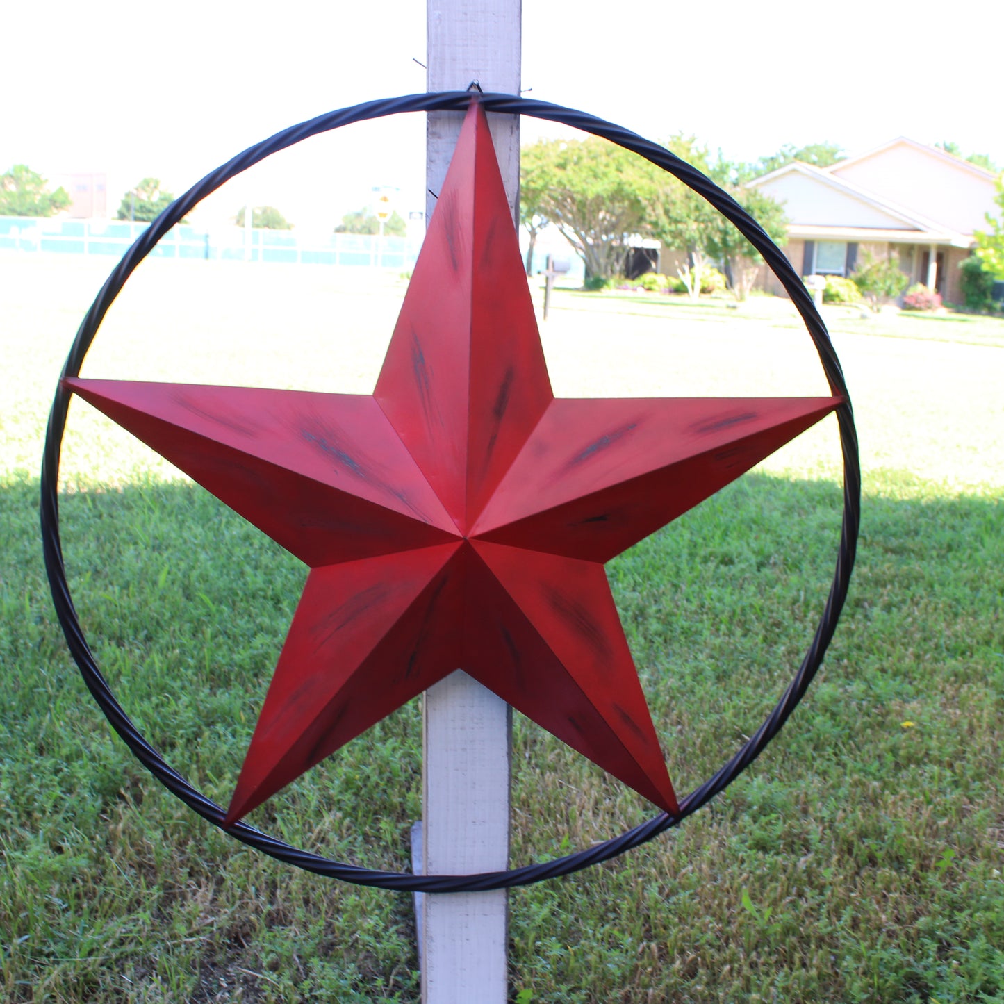 RED DISTRESSED STAR TWO TONE TEXTURE WITH BLACK RING METAL LONESTAR TWISTED ROPE RING WESTERN HOME DECOR HANDMADE NEW #EH10645