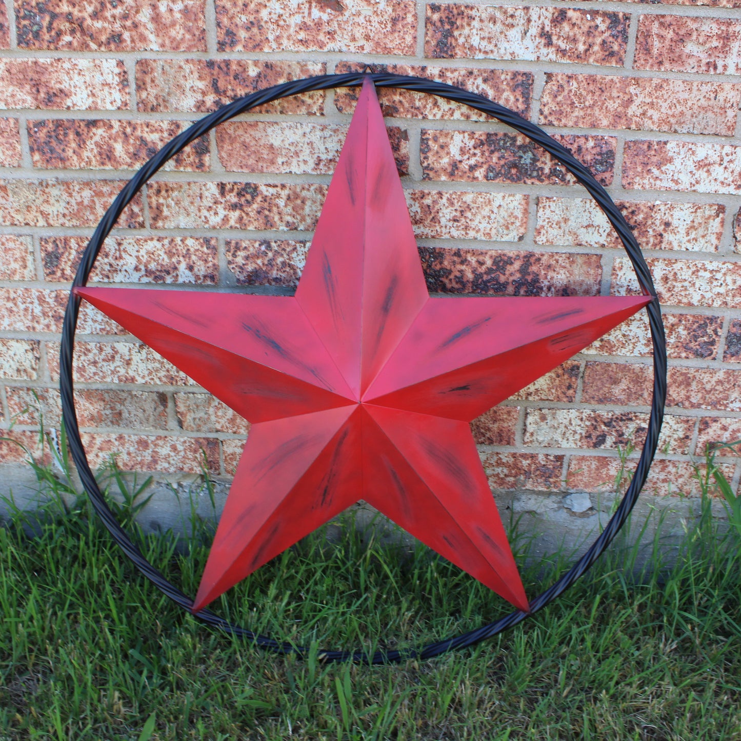 RED DISTRESSED STAR TWO TONE TEXTURE WITH BLACK RING METAL LONESTAR TWISTED ROPE RING WESTERN HOME DECOR HANDMADE NEW #EH10645