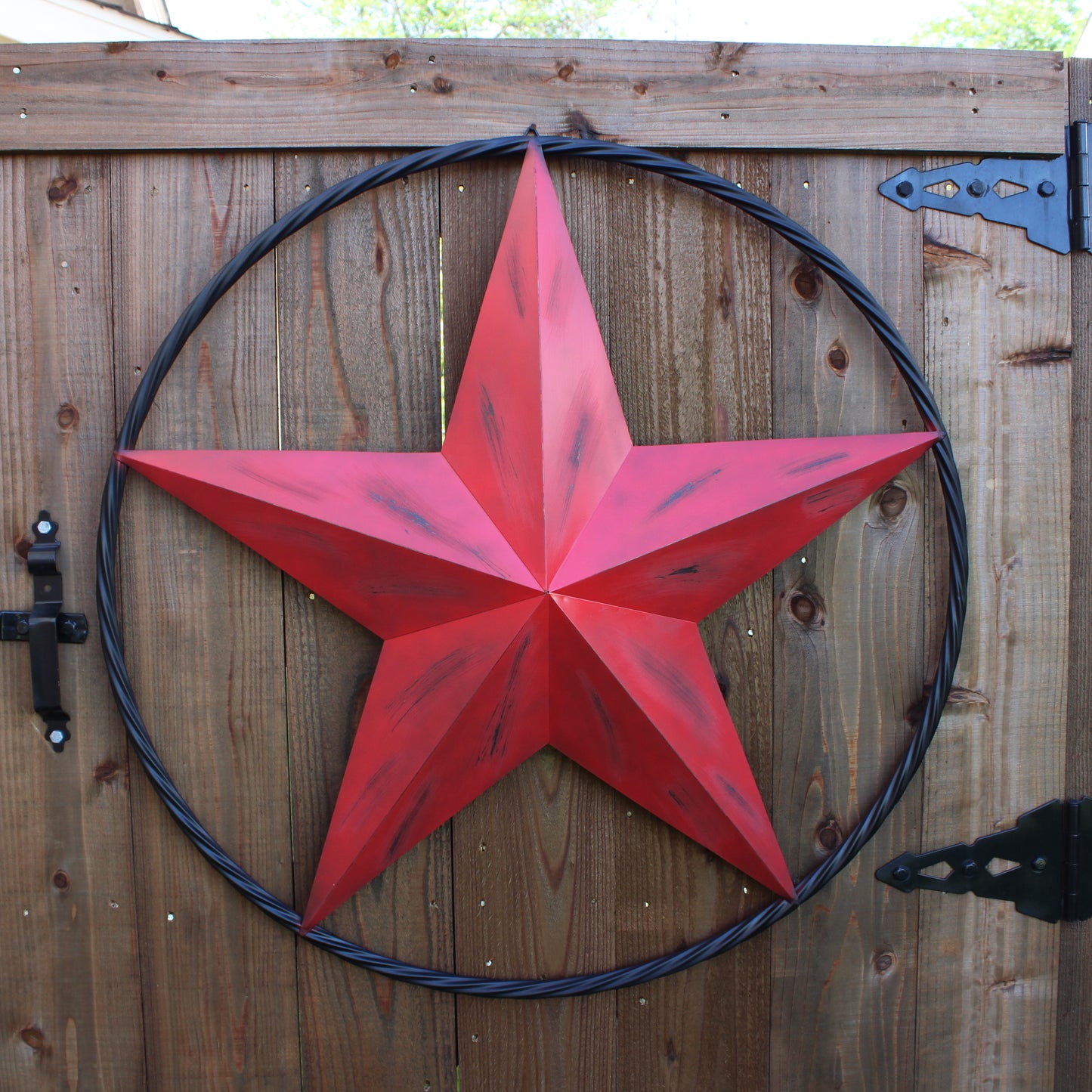 RED DISTRESSED STAR TWO TONE TEXTURE WITH BLACK RING METAL LONESTAR TWISTED ROPE RING WESTERN HOME DECOR HANDMADE NEW #EH10645
