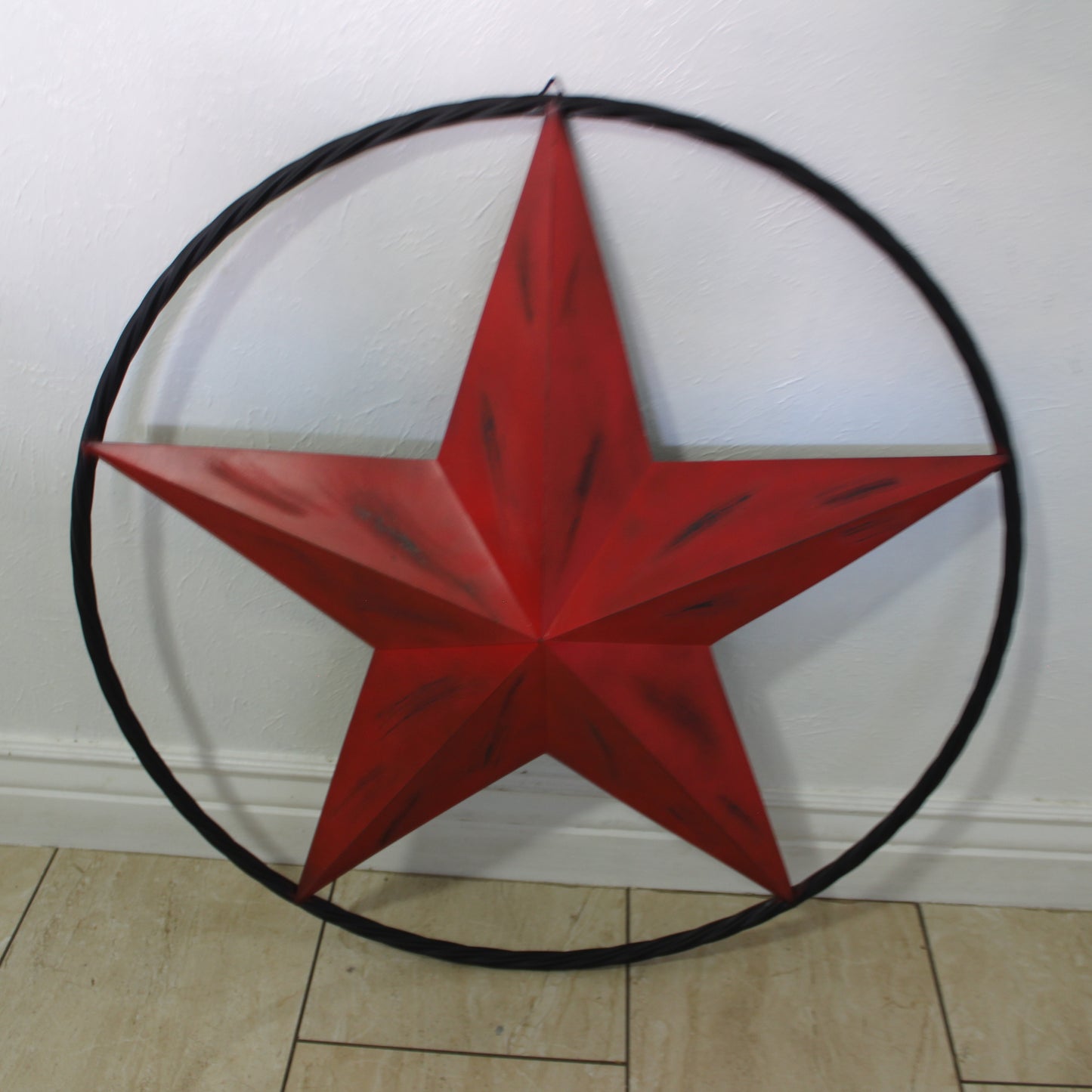 RED DISTRESSED STAR TWO TONE TEXTURE WITH BLACK RING METAL LONESTAR TWISTED ROPE RING WESTERN HOME DECOR HANDMADE NEW #EH10645