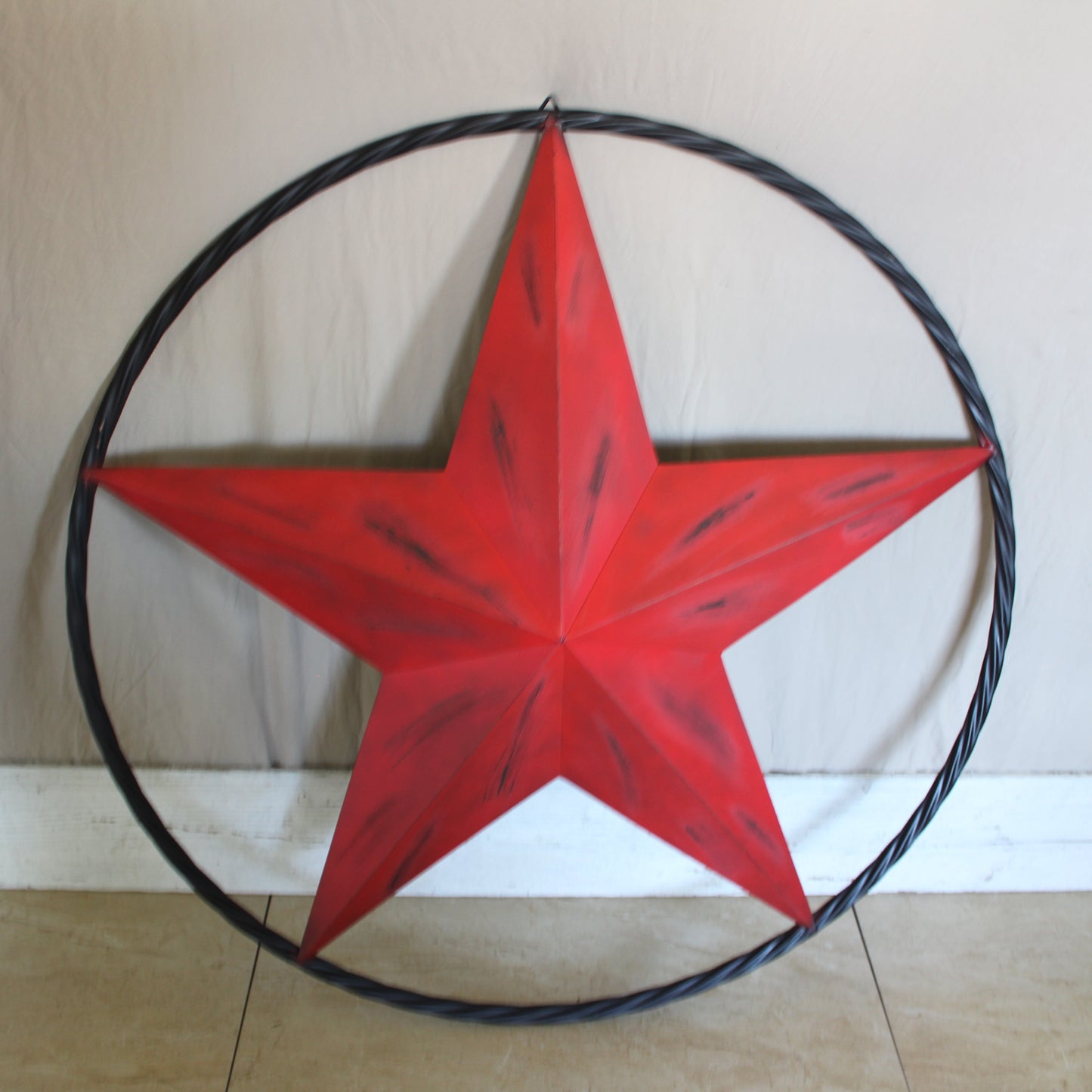 RED DISTRESSED STAR TWO TONE TEXTURE WITH BLACK RING METAL LONESTAR TWISTED ROPE RING WESTERN HOME DECOR HANDMADE NEW #EH10645