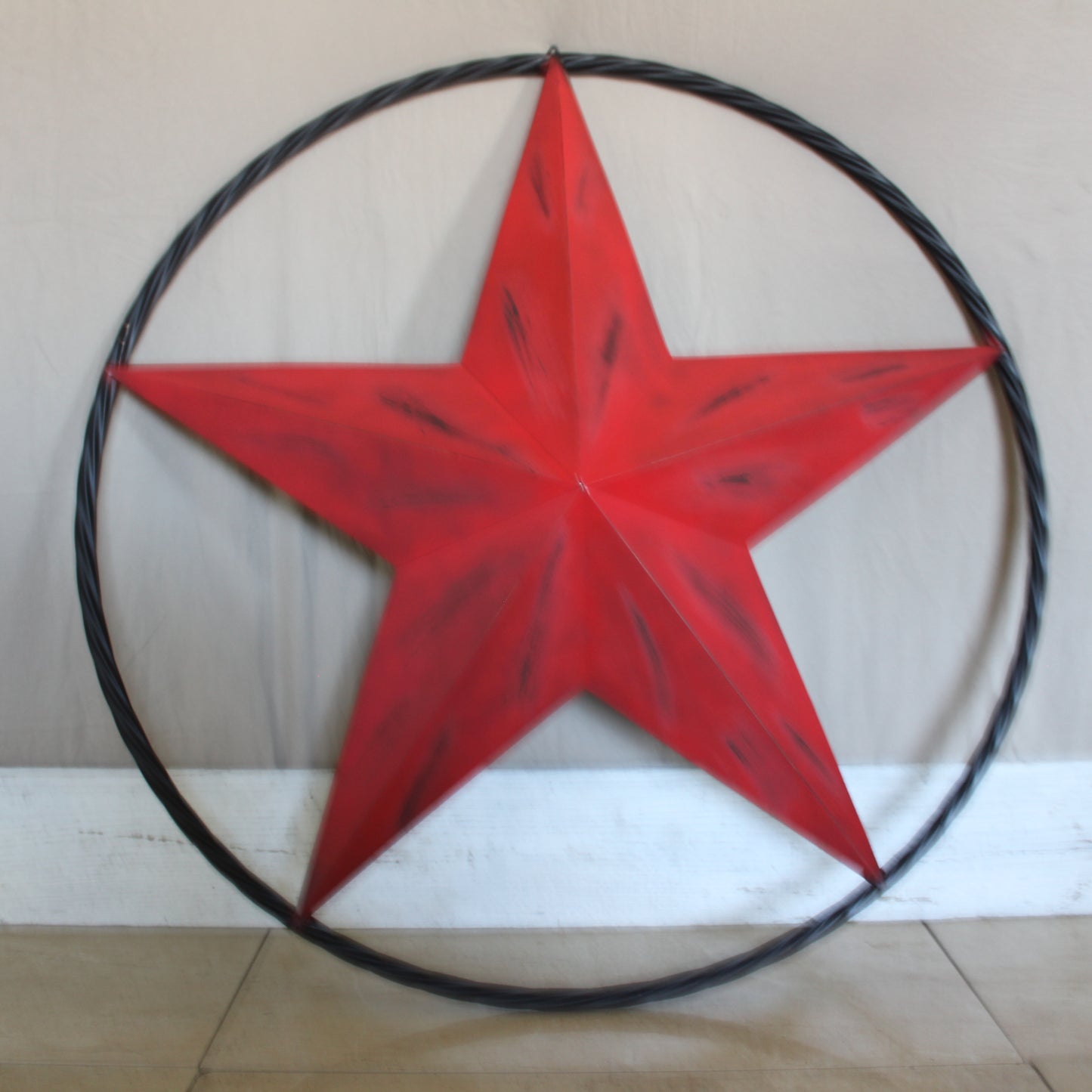 RED DISTRESSED STAR TWO TONE TEXTURE WITH BLACK RING METAL LONESTAR TWISTED ROPE RING WESTERN HOME DECOR HANDMADE NEW #EH10645