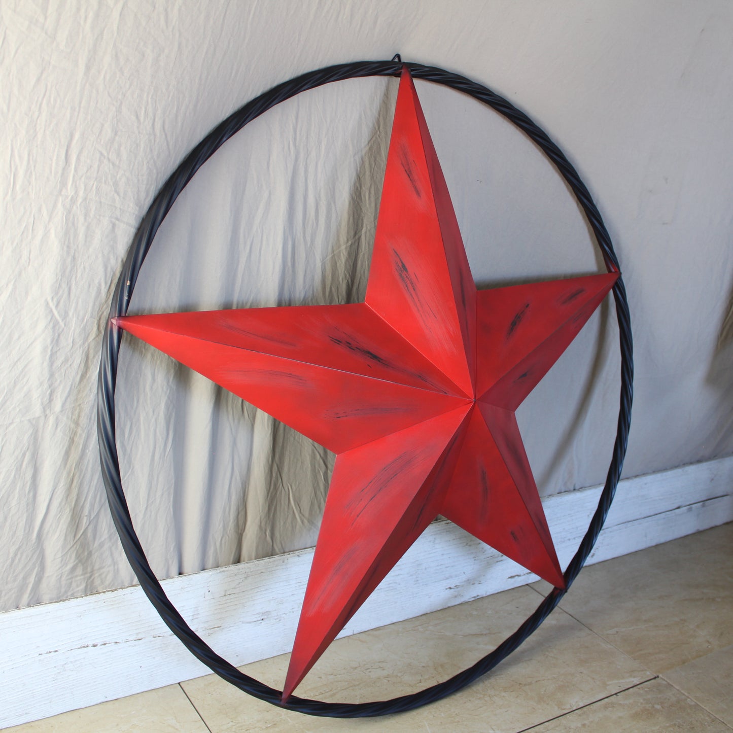 RED DISTRESSED STAR TWO TONE TEXTURE WITH BLACK RING METAL LONESTAR TWISTED ROPE RING WESTERN HOME DECOR HANDMADE NEW #EH10645