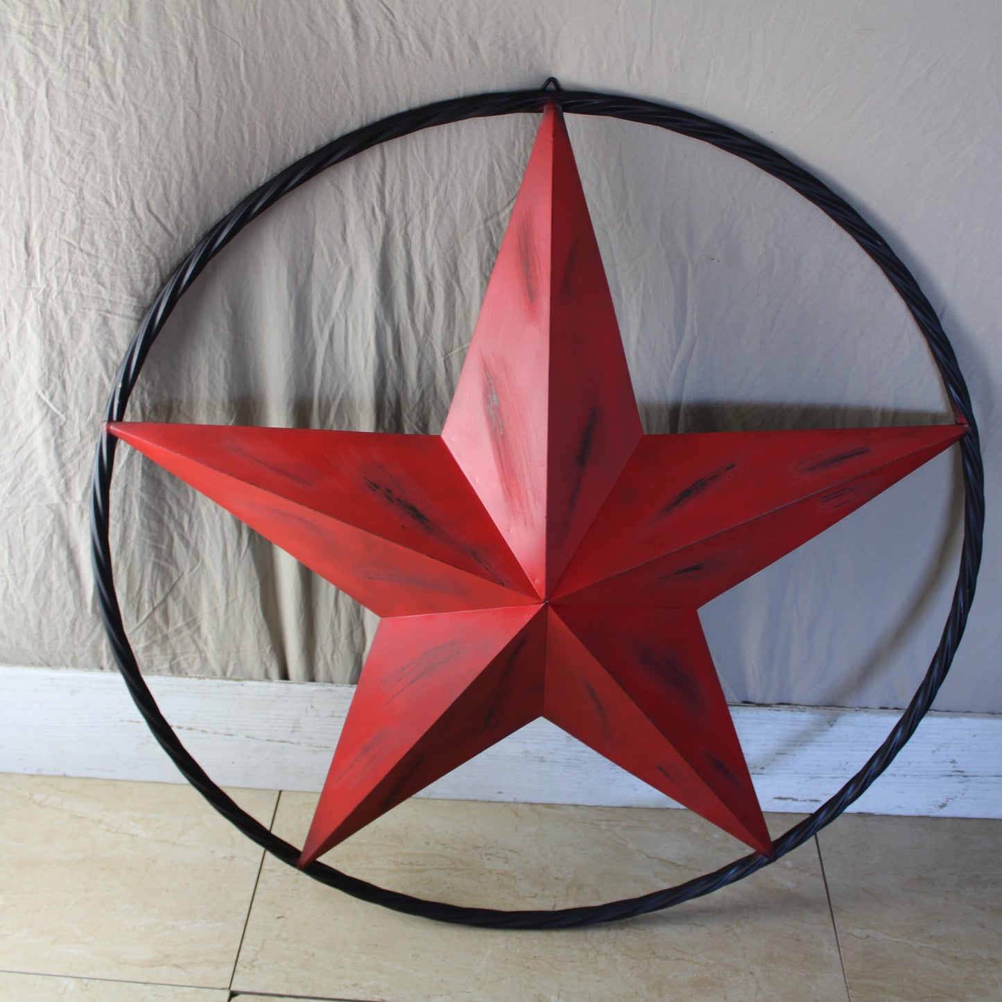 RED DISTRESSED STAR TWO TONE TEXTURE WITH BLACK RING METAL LONESTAR TWISTED ROPE RING WESTERN HOME DECOR HANDMADE NEW #EH10645