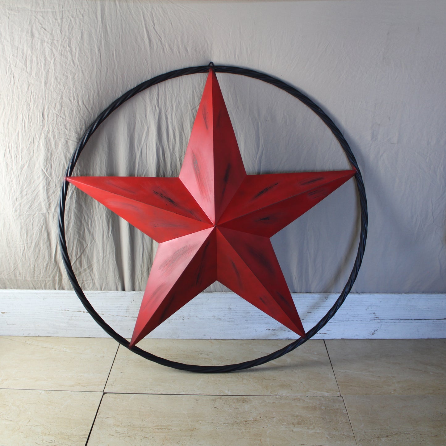 RED DISTRESSED STAR TWO TONE TEXTURE WITH BLACK RING METAL LONESTAR TWISTED ROPE RING WESTERN HOME DECOR HANDMADE NEW #EH10645