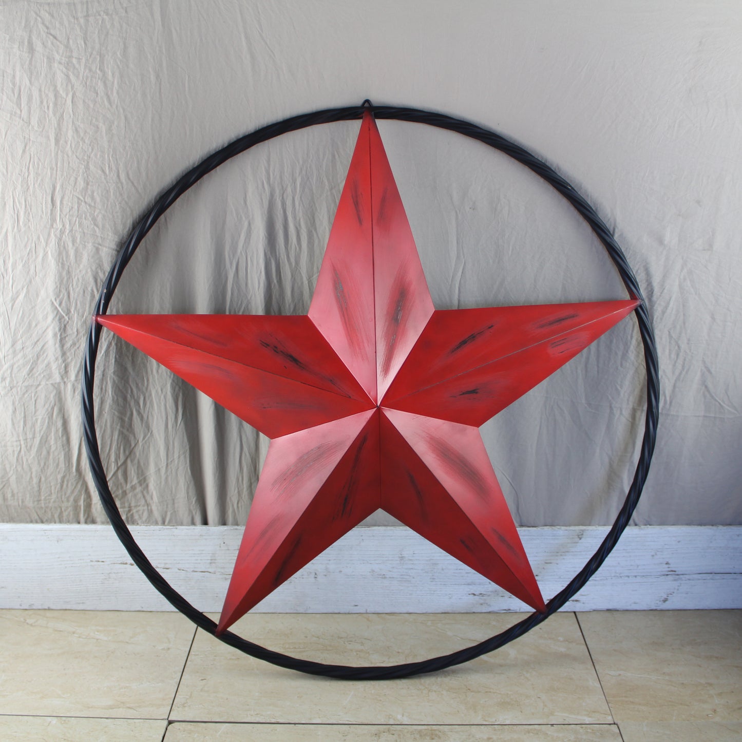 RED DISTRESSED STAR TWO TONE TEXTURE WITH BLACK RING METAL LONESTAR TWISTED ROPE RING WESTERN HOME DECOR HANDMADE NEW #EH10645