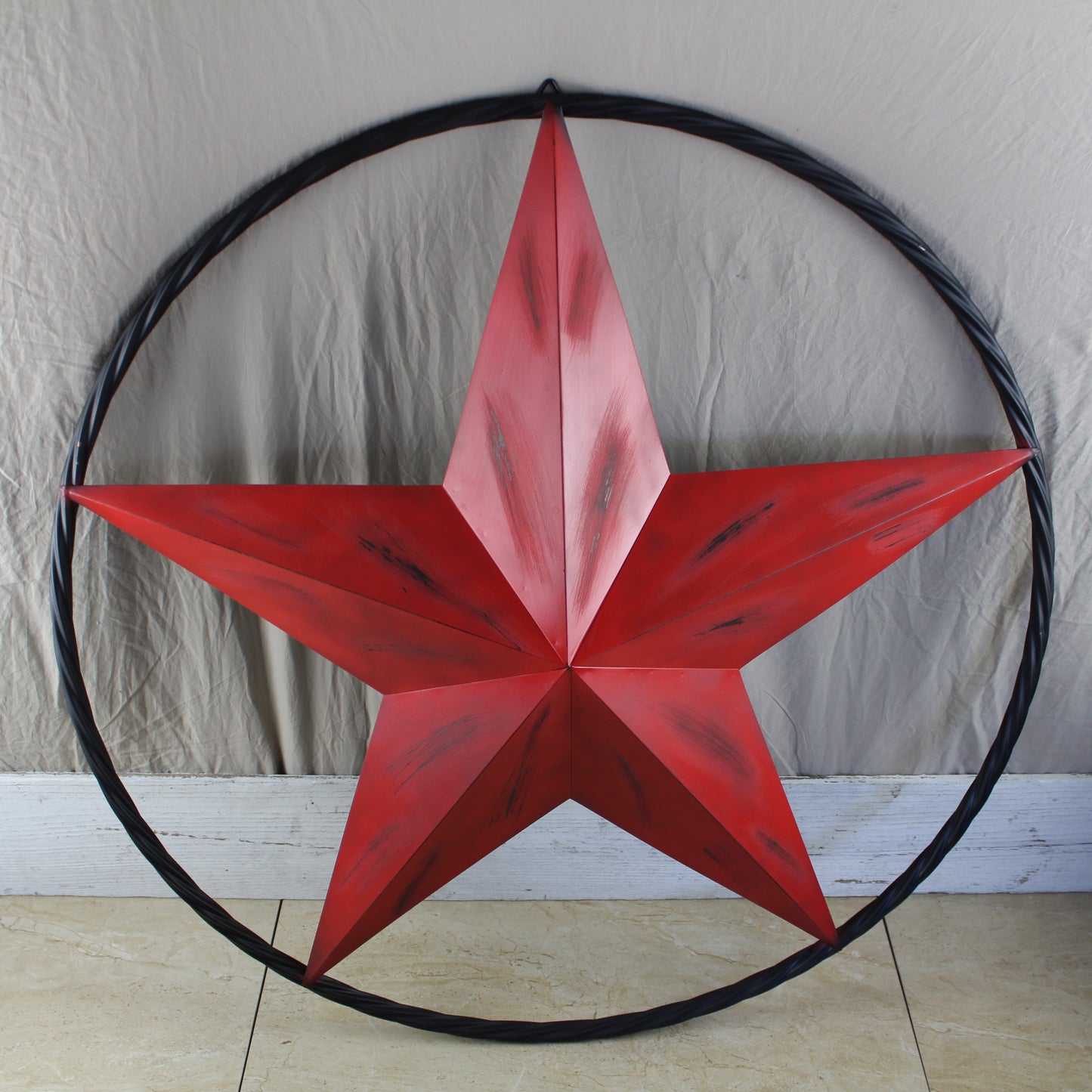 RED DISTRESSED STAR TWO TONE TEXTURE WITH BLACK RING METAL LONESTAR TWISTED ROPE RING WESTERN HOME DECOR HANDMADE NEW #EH10645