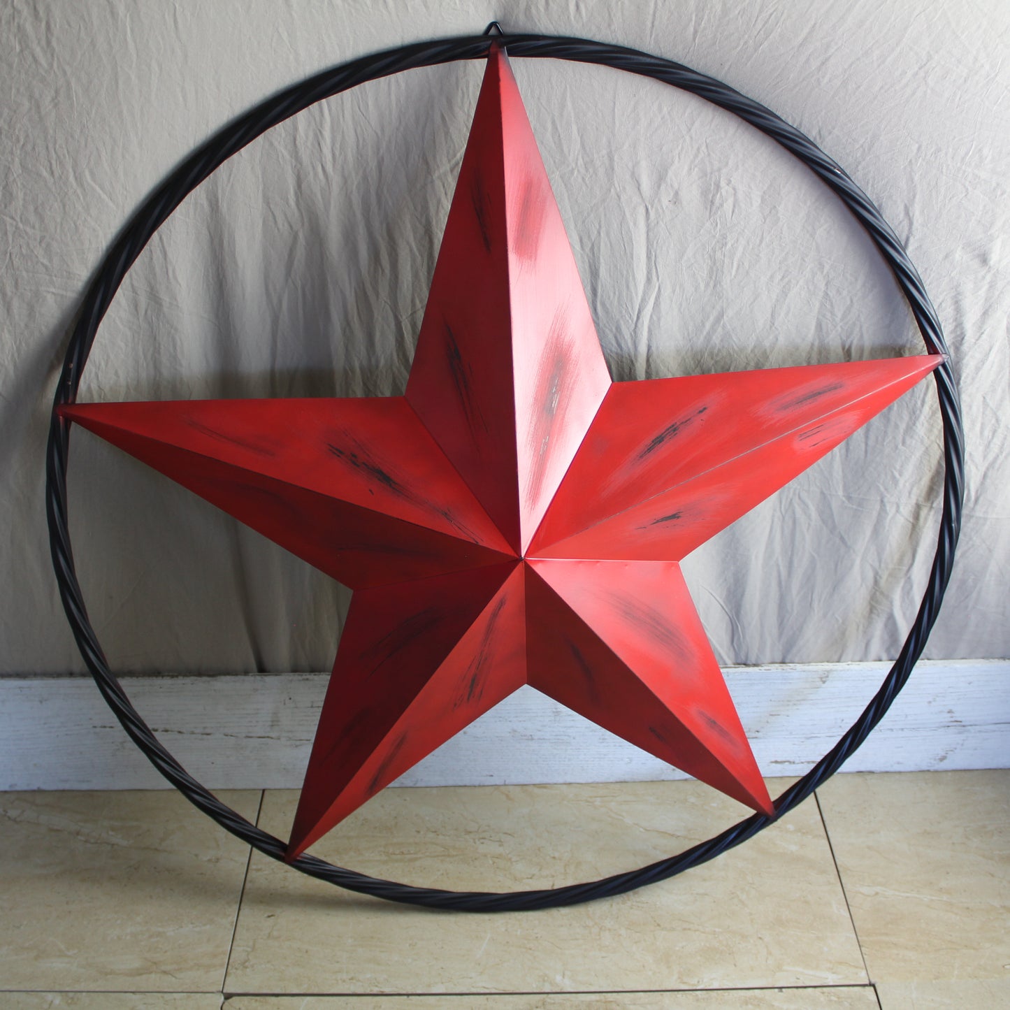 RED DISTRESSED STAR TWO TONE TEXTURE WITH BLACK RING METAL LONESTAR TWISTED ROPE RING WESTERN HOME DECOR HANDMADE NEW #EH10645