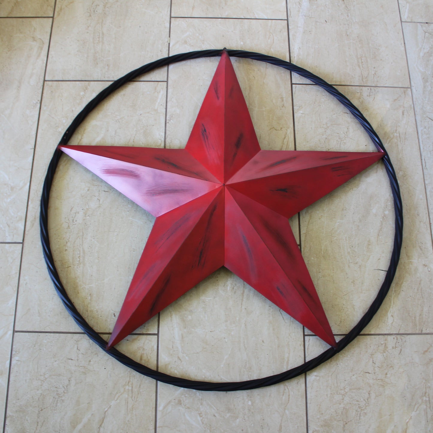 RED DISTRESSED STAR TWO TONE TEXTURE WITH BLACK RING METAL LONESTAR TWISTED ROPE RING WESTERN HOME DECOR HANDMADE NEW #EH10645