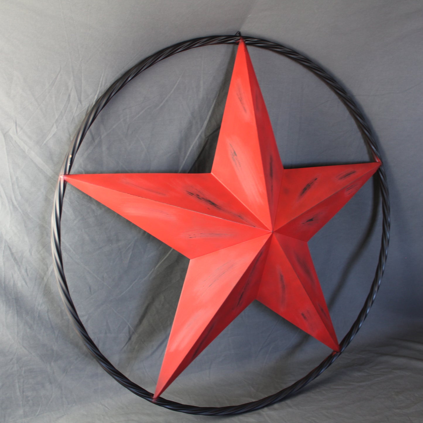 RED DISTRESSED STAR TWO TONE TEXTURE WITH BLACK RING METAL LONESTAR TWISTED ROPE RING WESTERN HOME DECOR HANDMADE NEW #EH10645