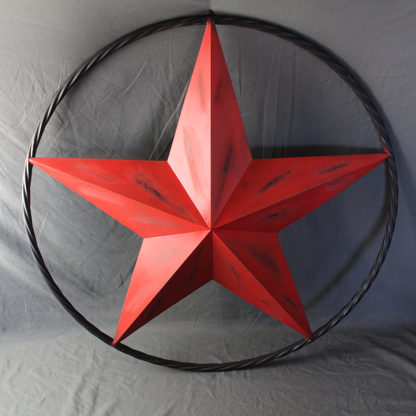 RED DISTRESSED STAR TWO TONE TEXTURE WITH BLACK RING METAL LONESTAR TWISTED ROPE RING WESTERN HOME DECOR HANDMADE NEW #EH10645