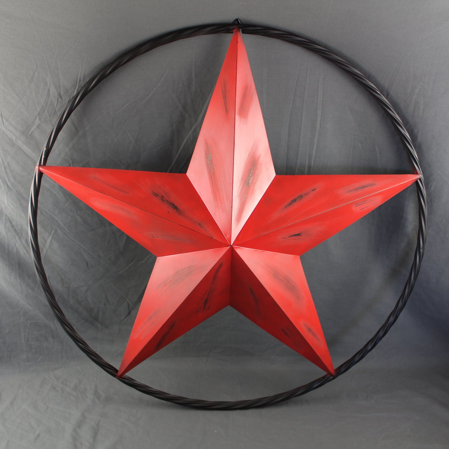 RED DISTRESSED STAR TWO TONE TEXTURE WITH BLACK RING METAL LONESTAR TWISTED ROPE RING WESTERN HOME DECOR HANDMADE NEW #EH10645