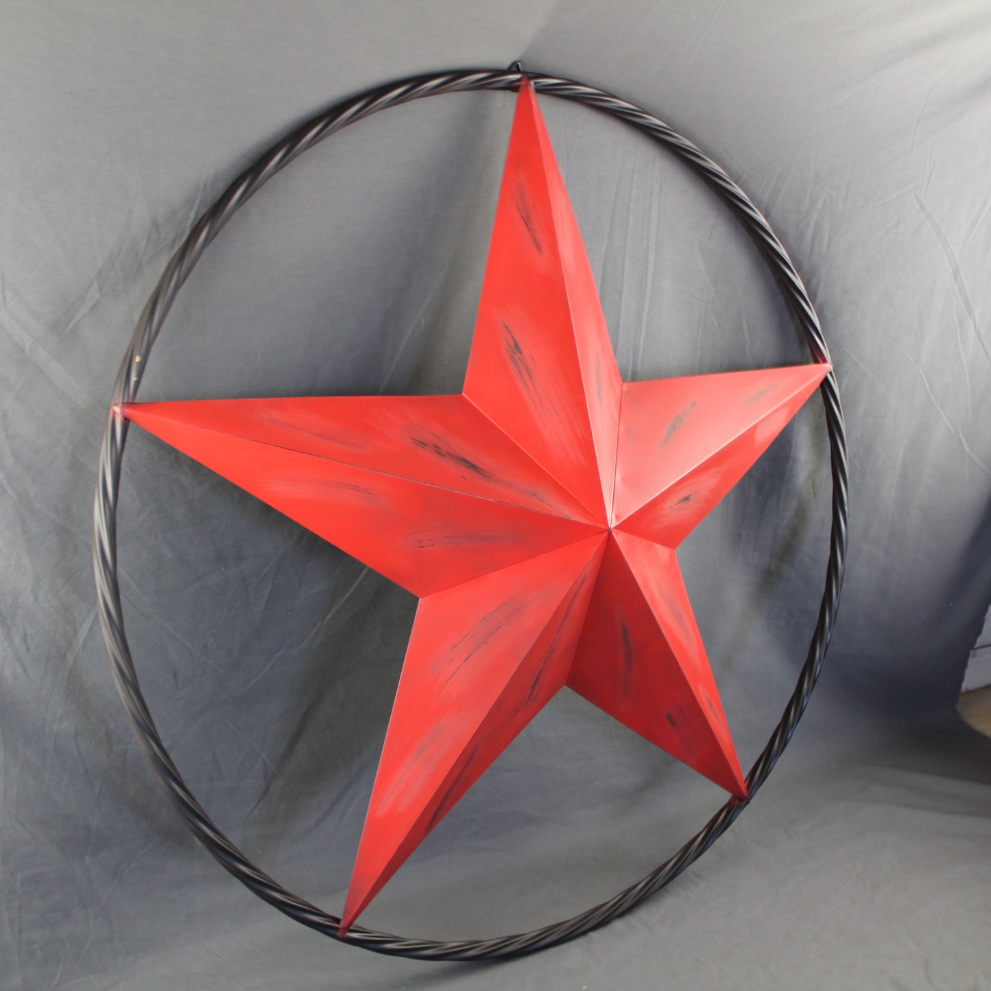 RED DISTRESSED STAR TWO TONE TEXTURE WITH BLACK RING METAL LONESTAR TWISTED ROPE RING WESTERN HOME DECOR HANDMADE NEW #EH10645