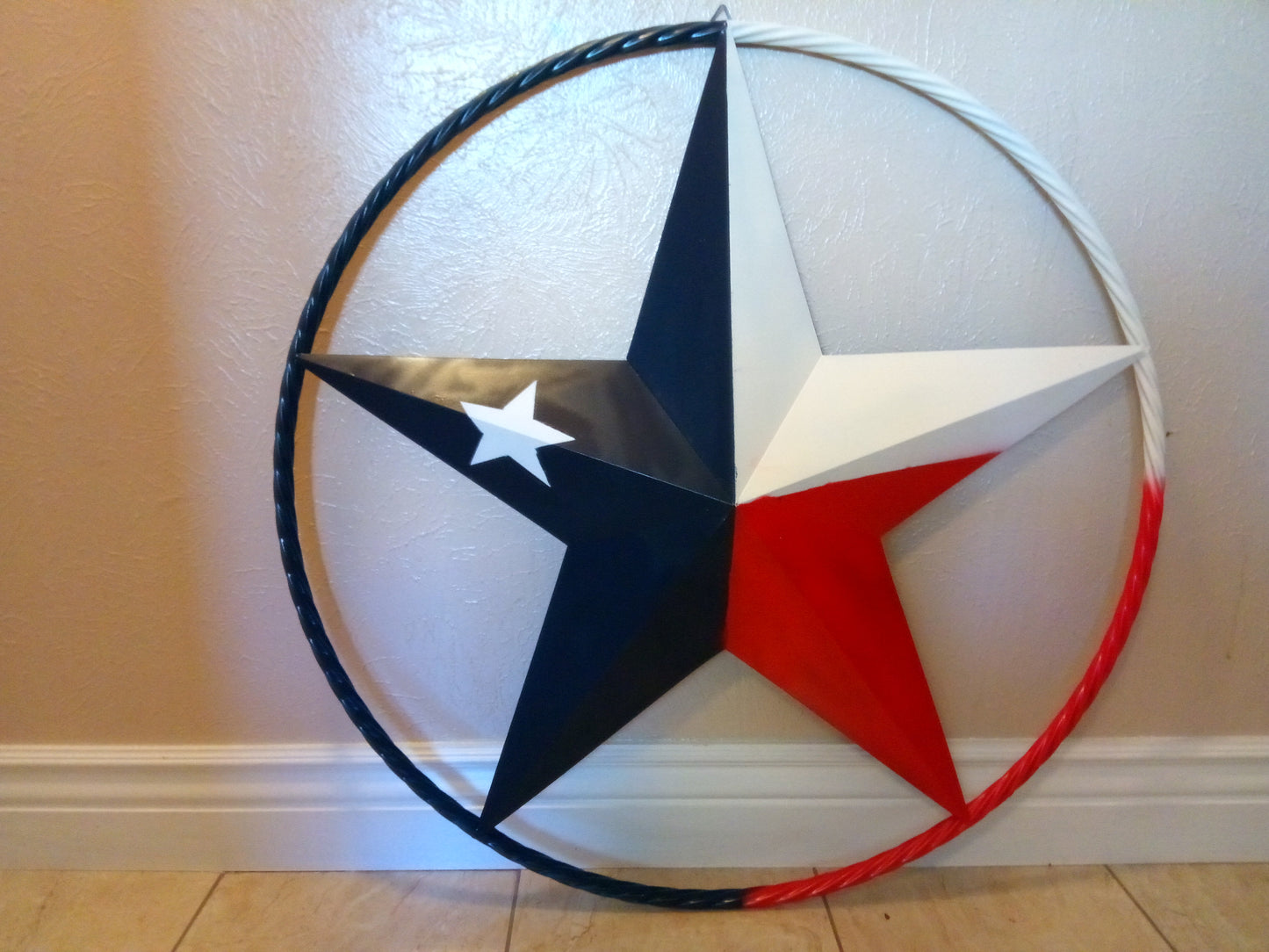 48" TEXAS FLAG STAR BARN LONESTAR WITH LARGE TWISTED ROPE RING METAL VINTAGE RUSTIC ART #EH13557
