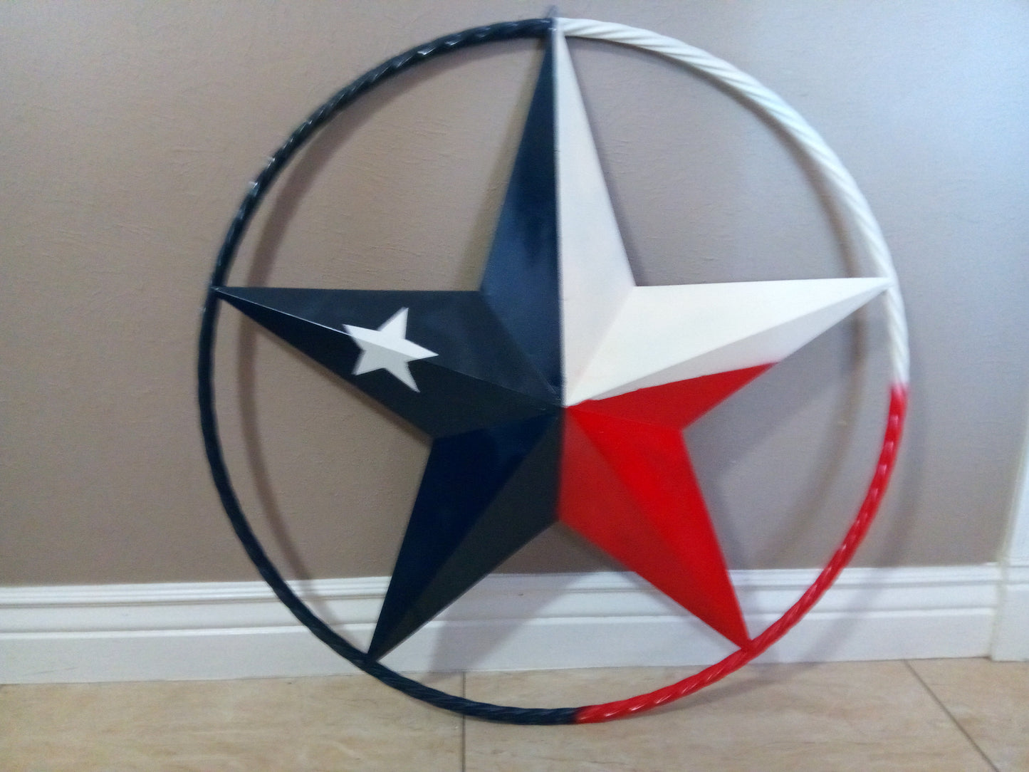 48" TEXAS FLAG STAR BARN LONESTAR WITH LARGE TWISTED ROPE RING METAL VINTAGE RUSTIC ART #EH13557