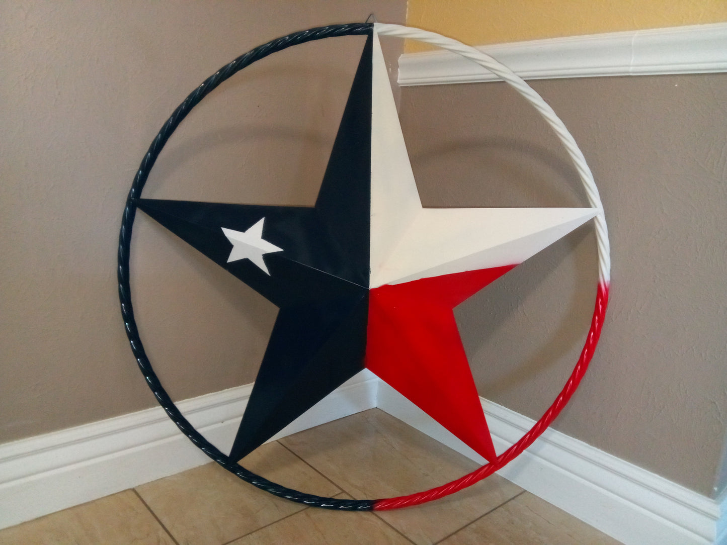 48" TEXAS FLAG STAR BARN LONESTAR WITH LARGE TWISTED ROPE RING METAL VINTAGE RUSTIC ART #EH13557