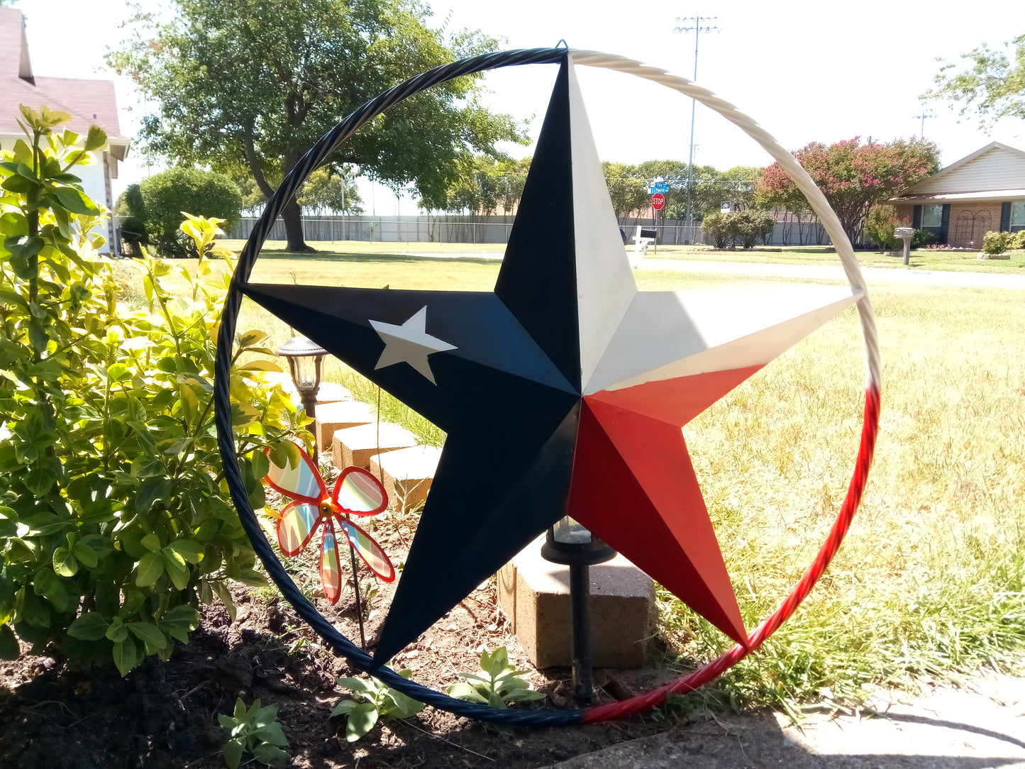 48" TEXAS FLAG STAR BARN LONESTAR WITH LARGE TWISTED ROPE RING METAL VINTAGE RUSTIC ART #EH13557