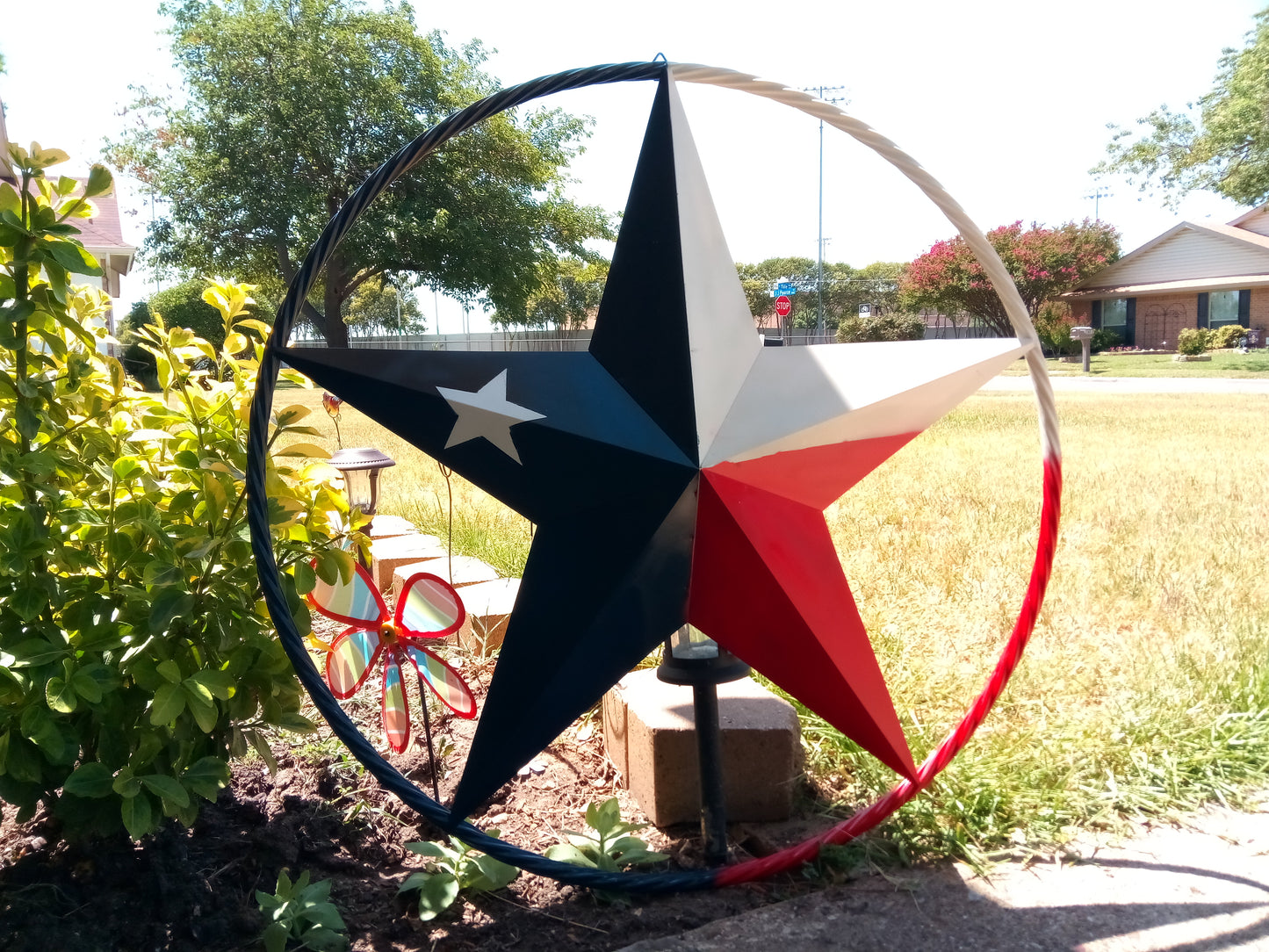 48" TEXAS FLAG STAR BARN LONESTAR WITH LARGE TWISTED ROPE RING METAL VINTAGE RUSTIC ART #EH13557