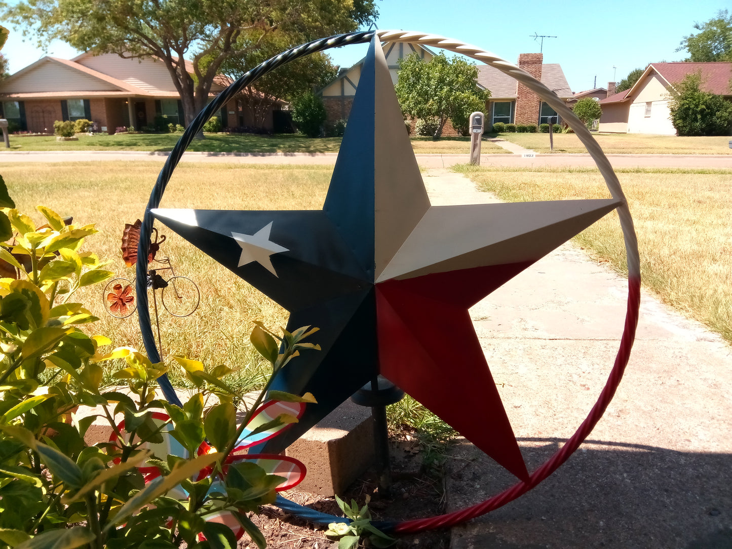 48" TEXAS FLAG STAR BARN LONESTAR WITH LARGE TWISTED ROPE RING METAL VINTAGE RUSTIC ART #EH13557