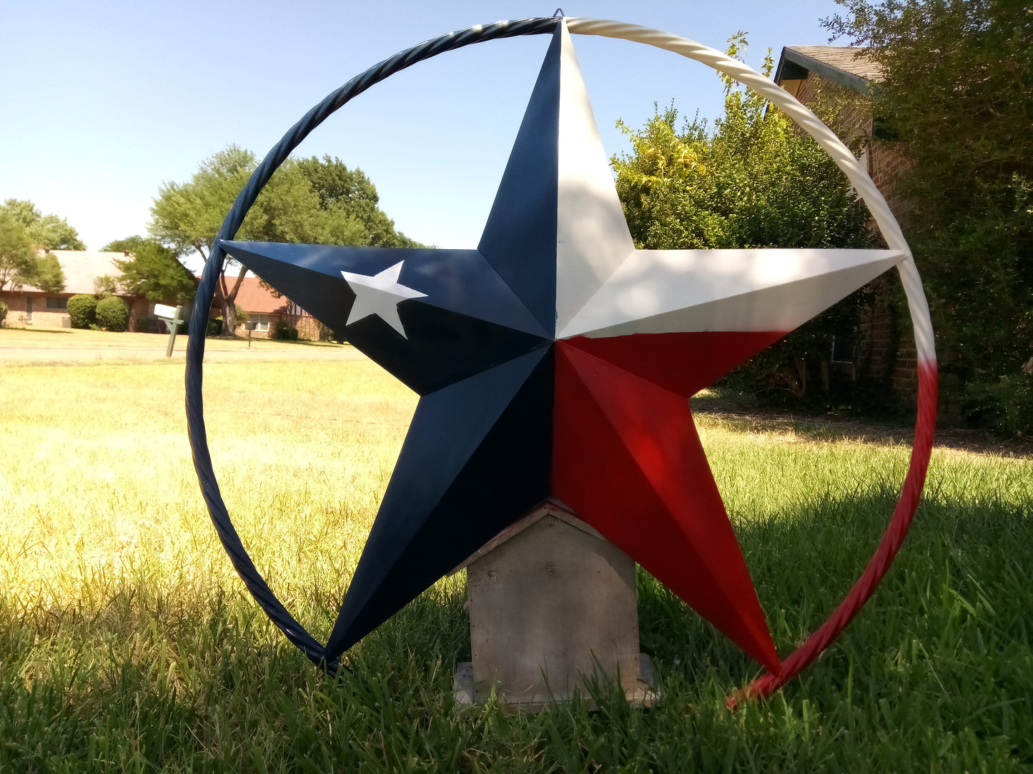 48" TEXAS FLAG STAR BARN LONESTAR WITH LARGE TWISTED ROPE RING METAL VINTAGE RUSTIC ART #EH13557