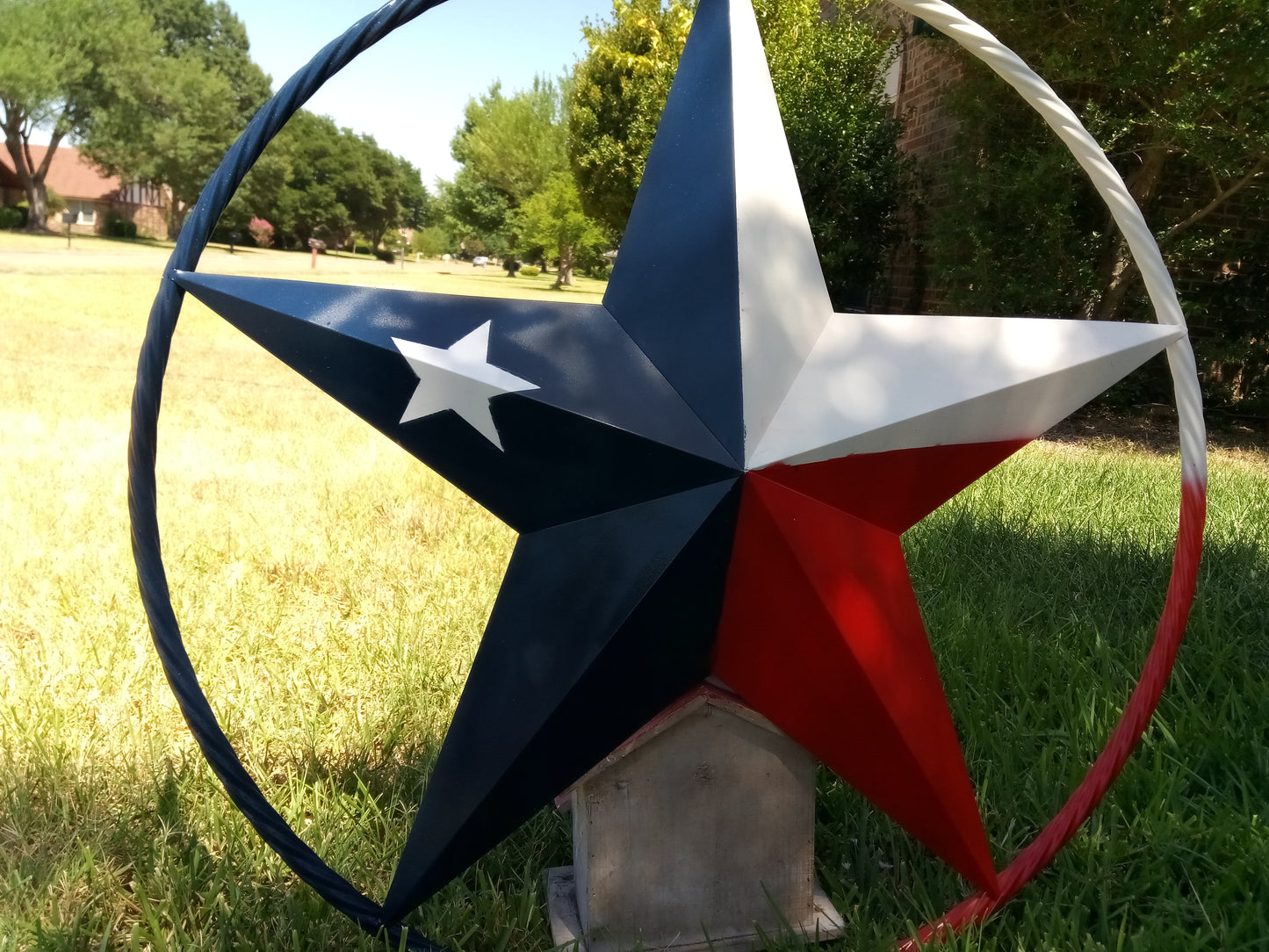 48" TEXAS FLAG STAR BARN LONESTAR WITH LARGE TWISTED ROPE RING METAL VINTAGE RUSTIC ART #EH13557