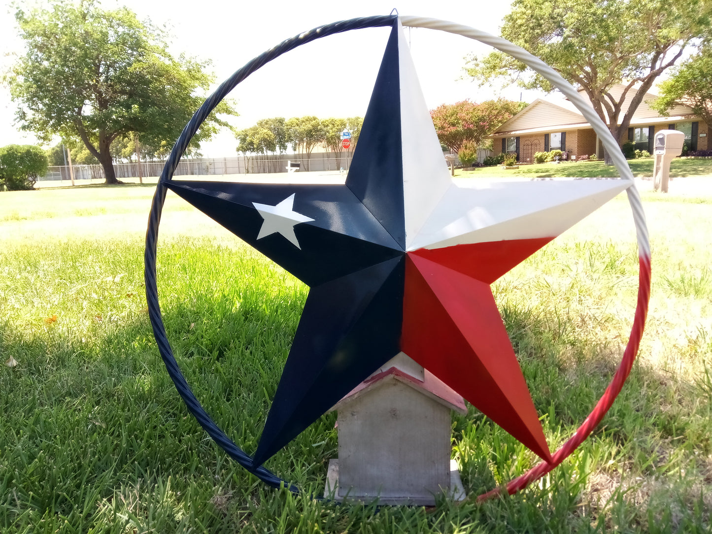 48" TEXAS FLAG STAR BARN LONESTAR WITH LARGE TWISTED ROPE RING METAL VINTAGE RUSTIC ART #EH13557