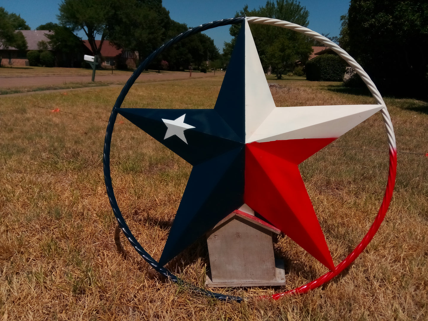 48" TEXAS FLAG STAR BARN LONESTAR WITH LARGE TWISTED ROPE RING METAL VINTAGE RUSTIC ART #EH13557