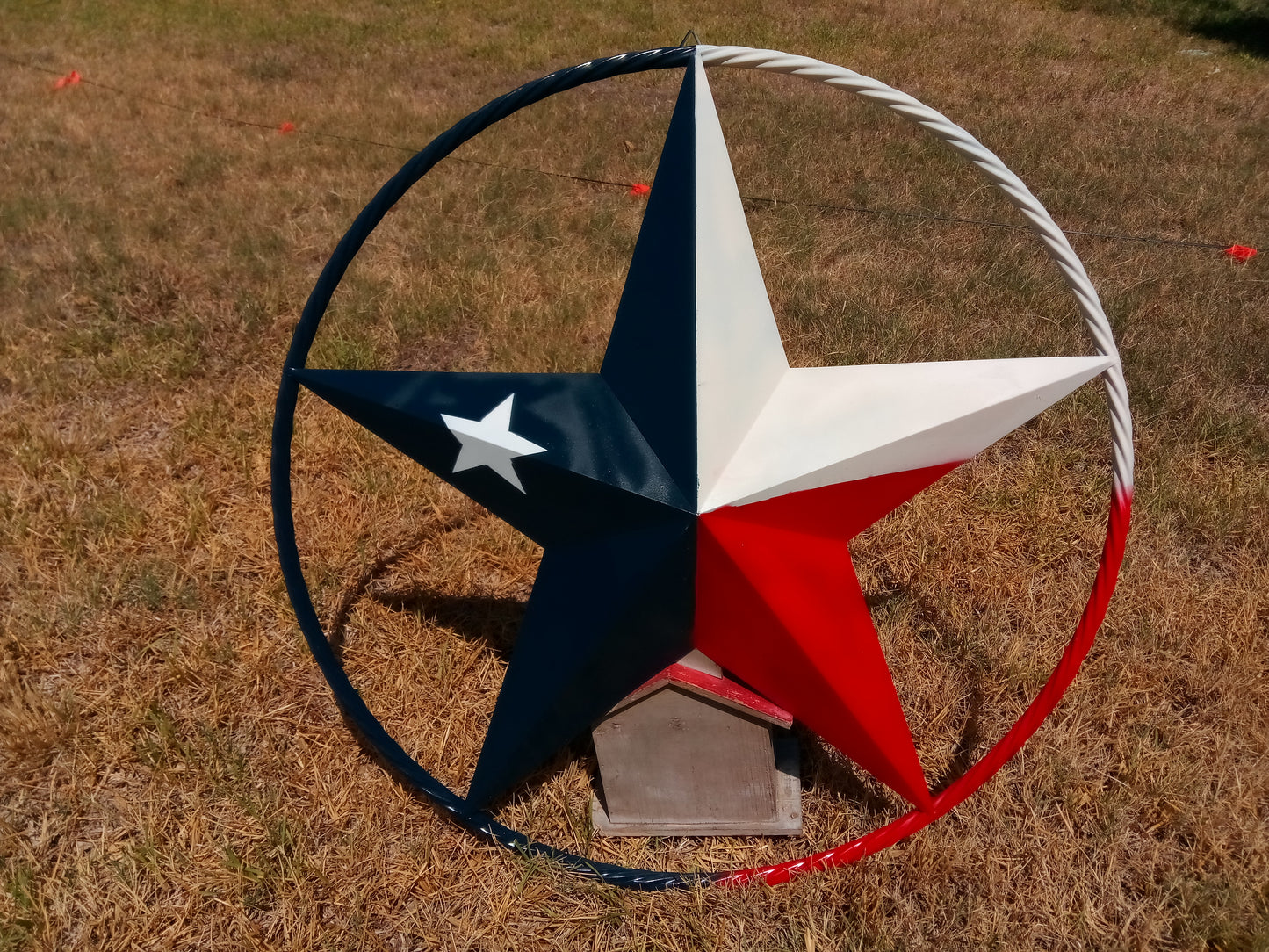48" TEXAS FLAG STAR BARN LONESTAR WITH LARGE TWISTED ROPE RING METAL VINTAGE RUSTIC ART #EH13557