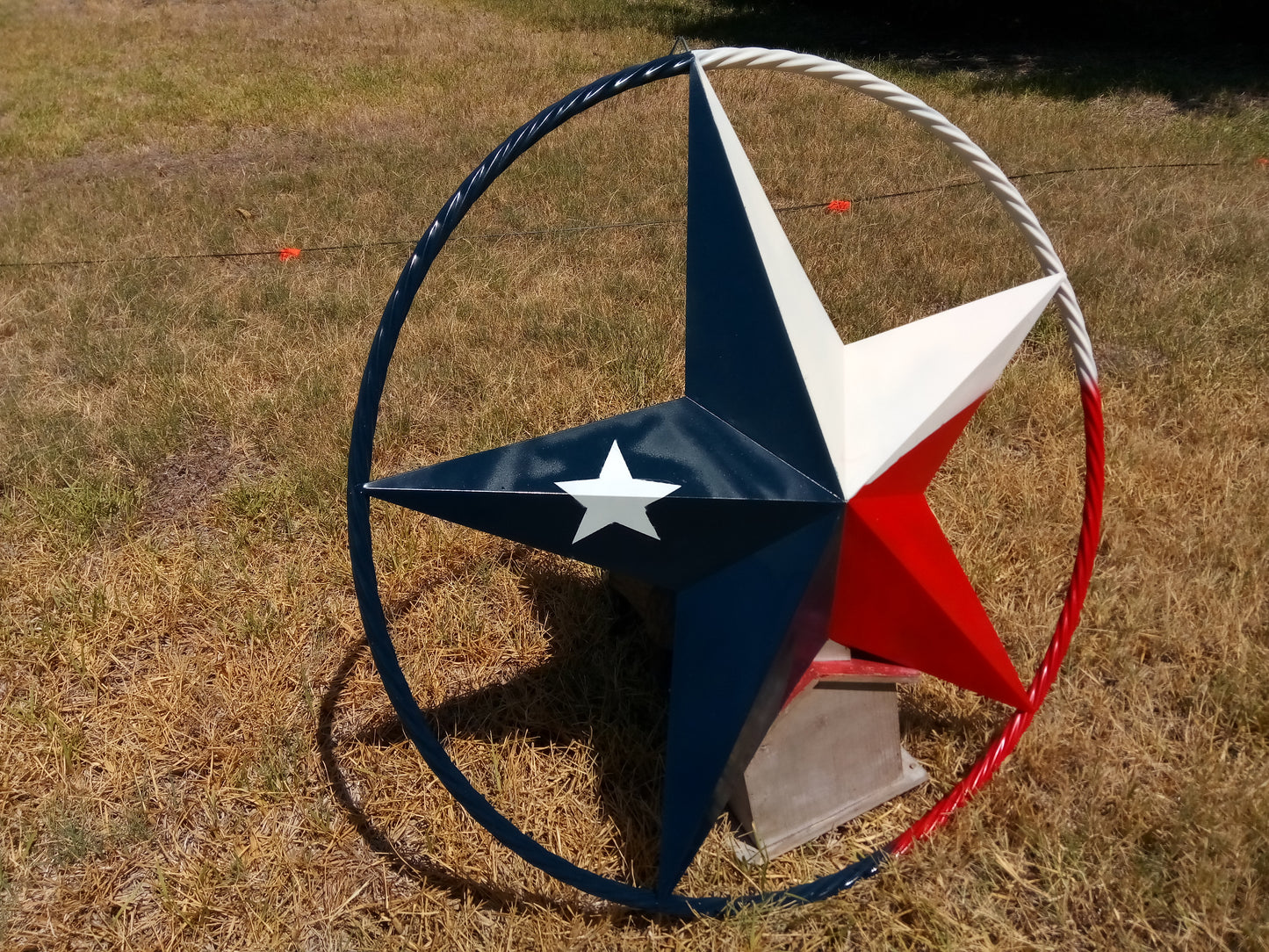 48" TEXAS FLAG STAR BARN LONESTAR WITH LARGE TWISTED ROPE RING METAL VINTAGE RUSTIC ART #EH13557