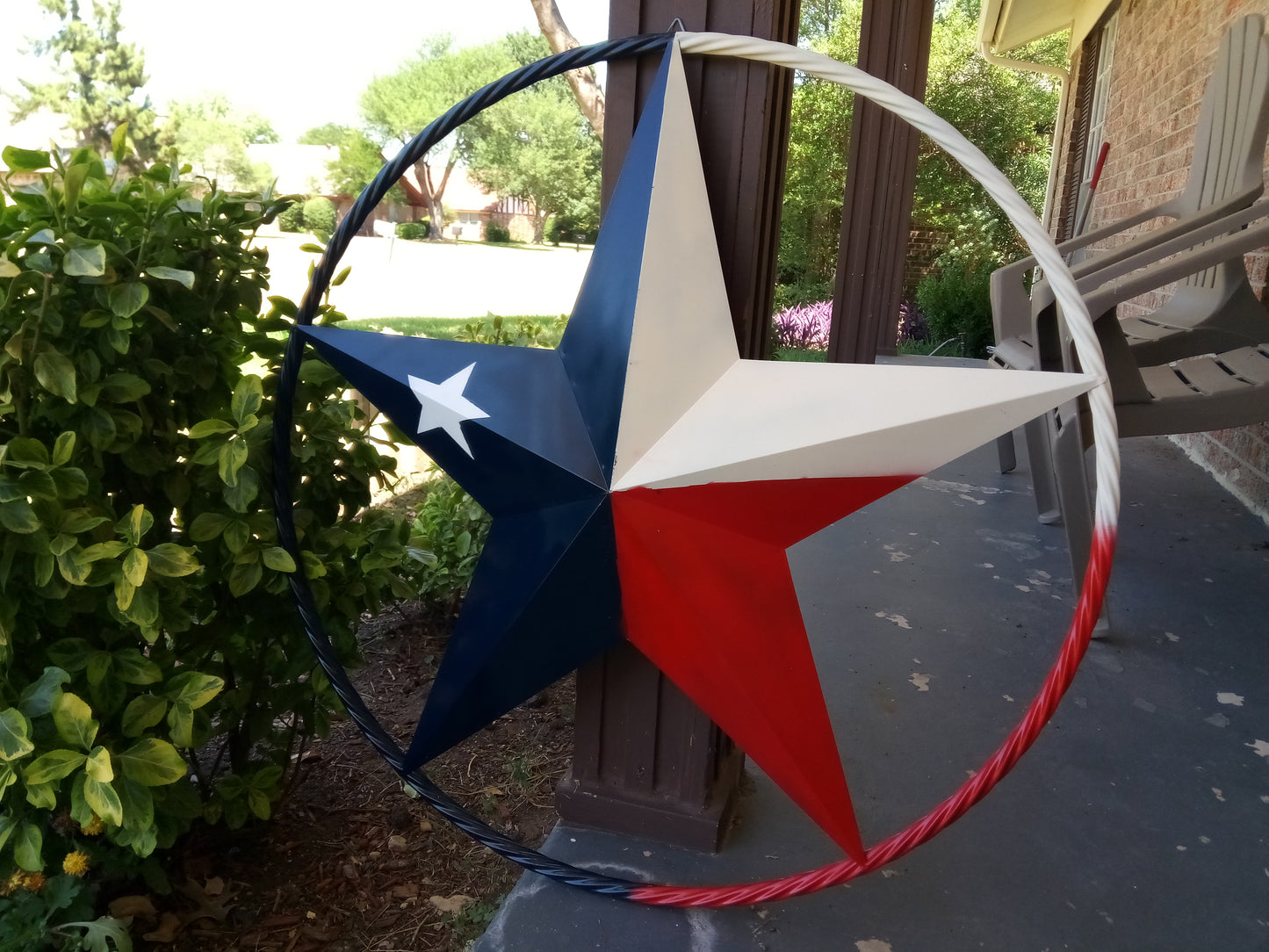 48" TEXAS FLAG STAR BARN LONESTAR WITH LARGE TWISTED ROPE RING METAL VINTAGE RUSTIC ART #EH13557