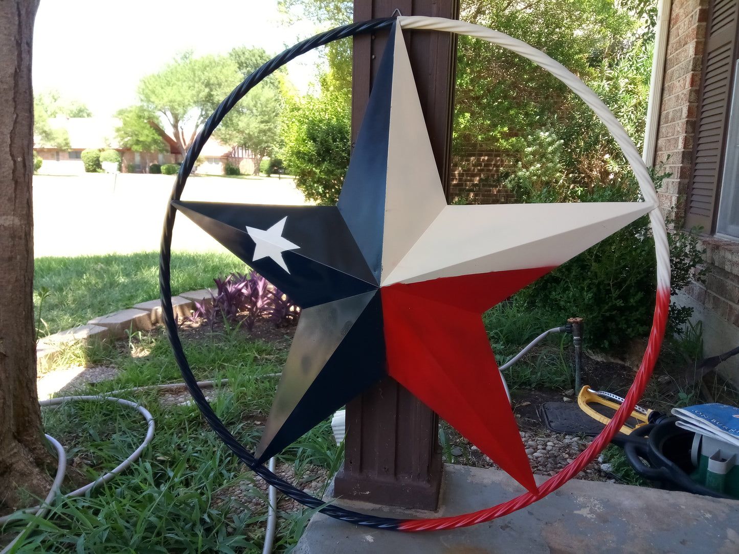 48" TEXAS FLAG STAR BARN LONESTAR WITH LARGE TWISTED ROPE RING METAL VINTAGE RUSTIC ART #EH13557