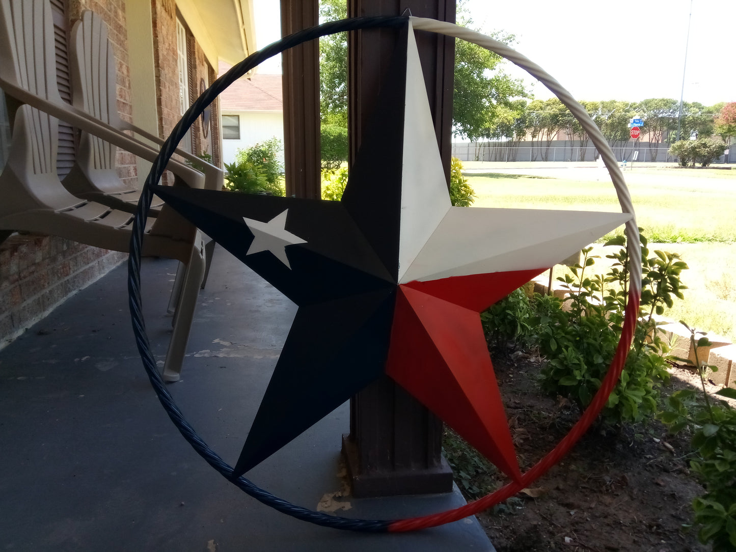 48" TEXAS FLAG STAR BARN LONESTAR WITH LARGE TWISTED ROPE RING METAL VINTAGE RUSTIC ART #EH13557