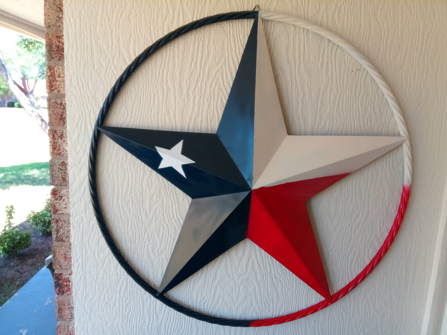 48" TEXAS FLAG STAR BARN LONESTAR WITH LARGE TWISTED ROPE RING METAL VINTAGE RUSTIC ART #EH13557