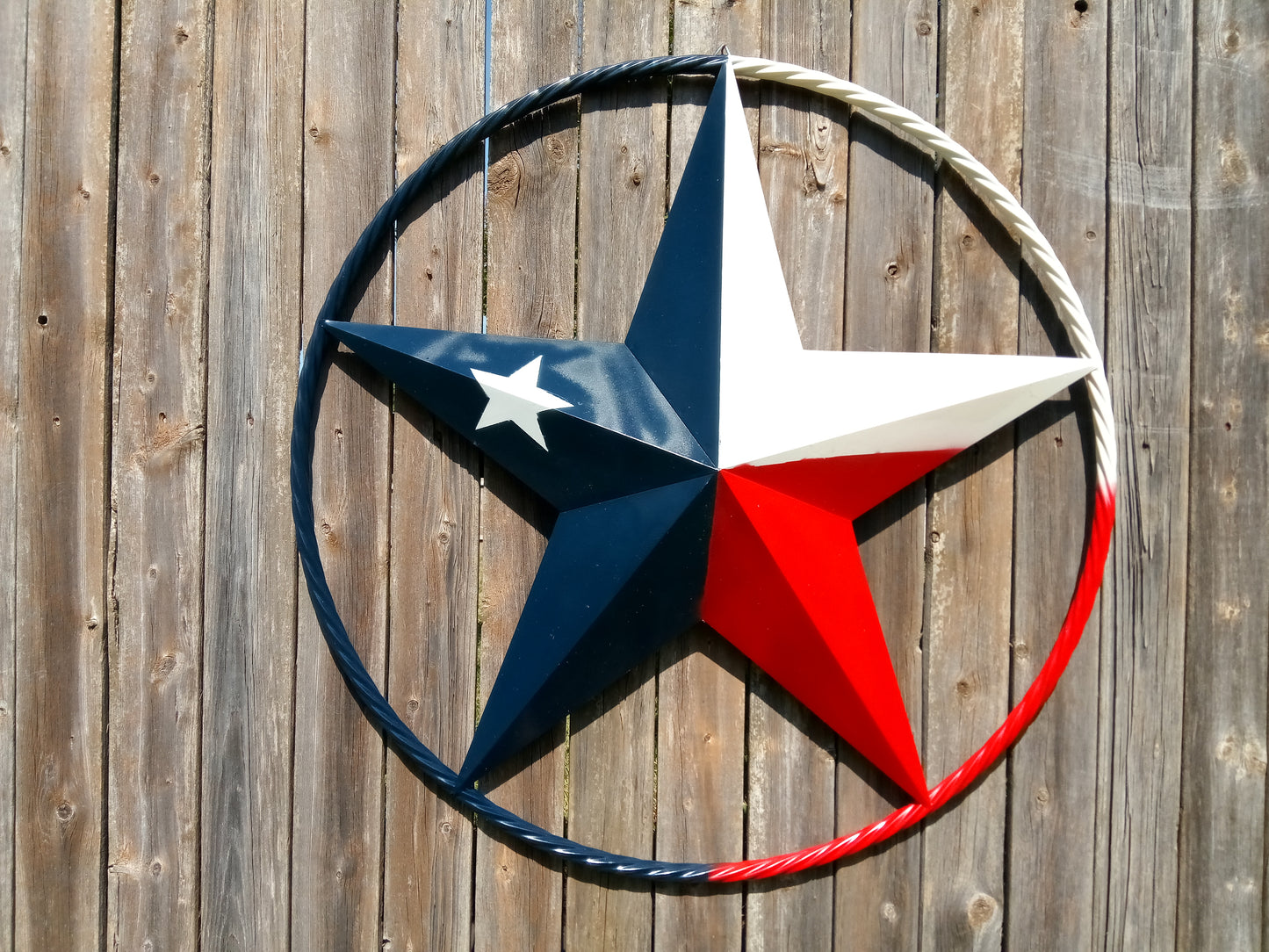 48" TEXAS FLAG STAR BARN LONESTAR WITH LARGE TWISTED ROPE RING METAL VINTAGE RUSTIC ART #EH13557