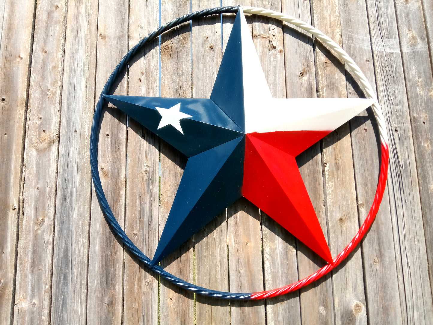 48" TEXAS FLAG STAR BARN LONESTAR WITH LARGE TWISTED ROPE RING METAL VINTAGE RUSTIC ART #EH13557