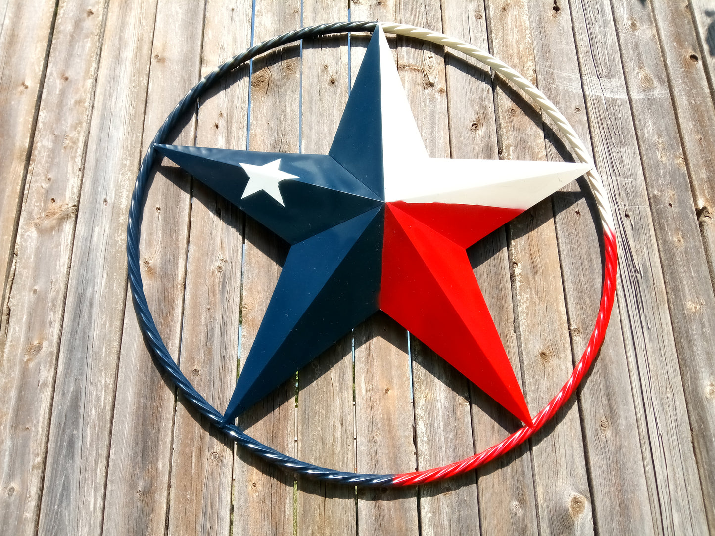 48" TEXAS FLAG STAR BARN LONESTAR WITH LARGE TWISTED ROPE RING METAL VINTAGE RUSTIC ART #EH13557