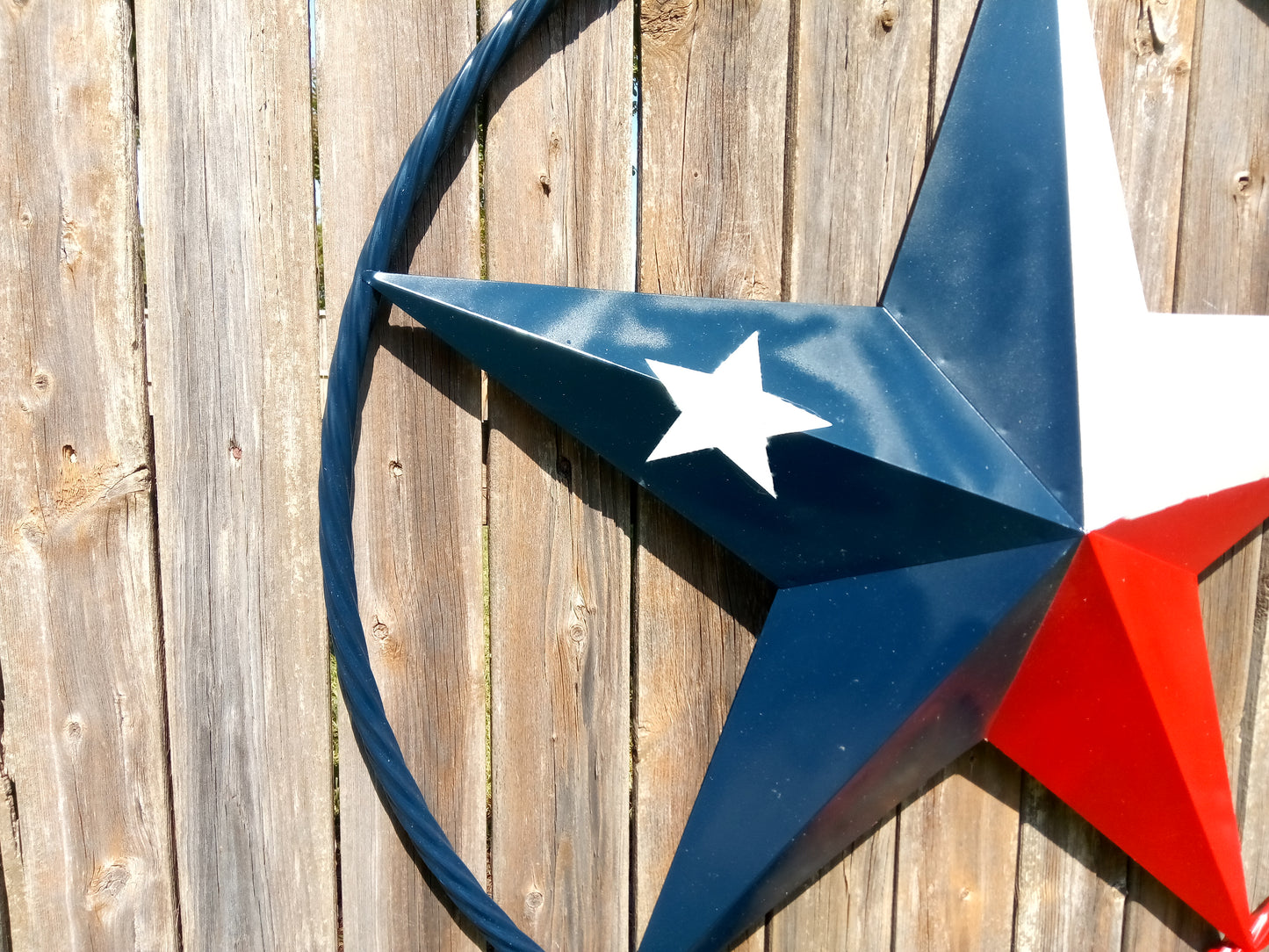 48" TEXAS FLAG STAR BARN LONESTAR WITH LARGE TWISTED ROPE RING METAL VINTAGE RUSTIC ART #EH13557