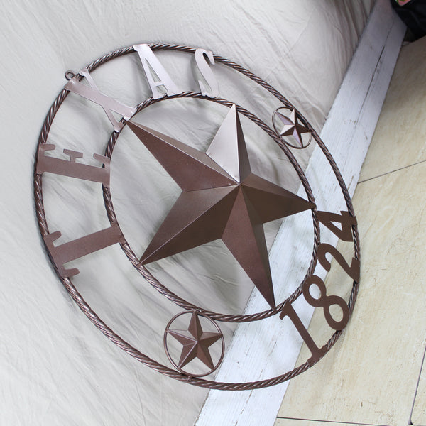 TEXAS 1824 STYLE YOUR CUSTOM NAME STAR METAL BARN STAR ROPE RING RUSTIC BRONZE WESTERN HOME DECOR NEW HANDMADE 24",32",36",40",50"