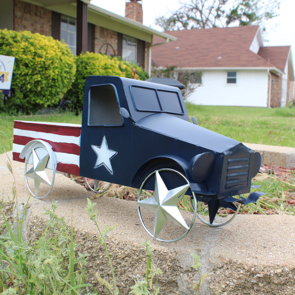 USA FLAG TRUCK 18" PICKUP TRUCK METAL ART FIGURINE VINTAGE WESTERN HOME DECOR HANDMADE  #EH12864