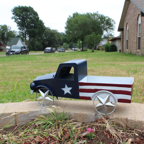 USA FLAG TRUCK 18" PICKUP TRUCK METAL ART FIGURINE VINTAGE WESTERN HOME DECOR HANDMADE  #EH12864
