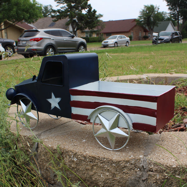 USA FLAG TRUCK 18" PICKUP TRUCK METAL ART FIGURINE VINTAGE WESTERN HOME DECOR HANDMADE  #EH12864