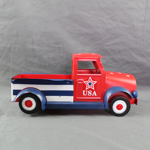 USA FLAG RED TRUCK 12" PICKUP TRUCK METAL ART FIGURINE VINTAGE GARDEN ART WESTERN HOME DECOR HANDMADE  #EH12865