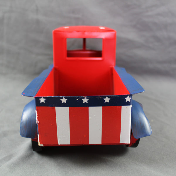 USA FLAG RED TRUCK 12" PICKUP TRUCK METAL ART FIGURINE VINTAGE GARDEN ART WESTERN HOME DECOR HANDMADE  #EH12865