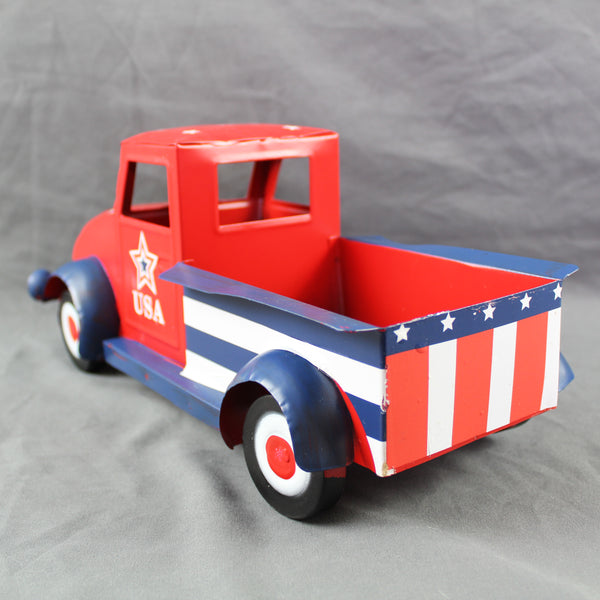 USA FLAG RED TRUCK 12" PICKUP TRUCK METAL ART FIGURINE VINTAGE GARDEN ART WESTERN HOME DECOR HANDMADE  #EH12865