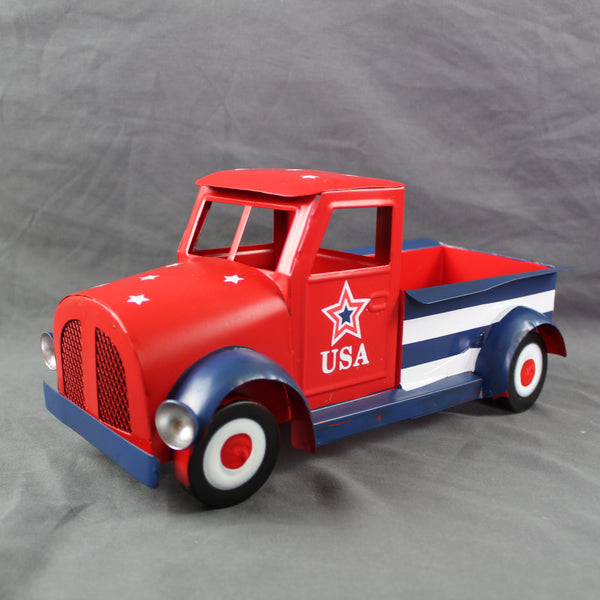 USA FLAG RED TRUCK 12" PICKUP TRUCK METAL ART FIGURINE VINTAGE GARDEN ART WESTERN HOME DECOR HANDMADE  #EH12865