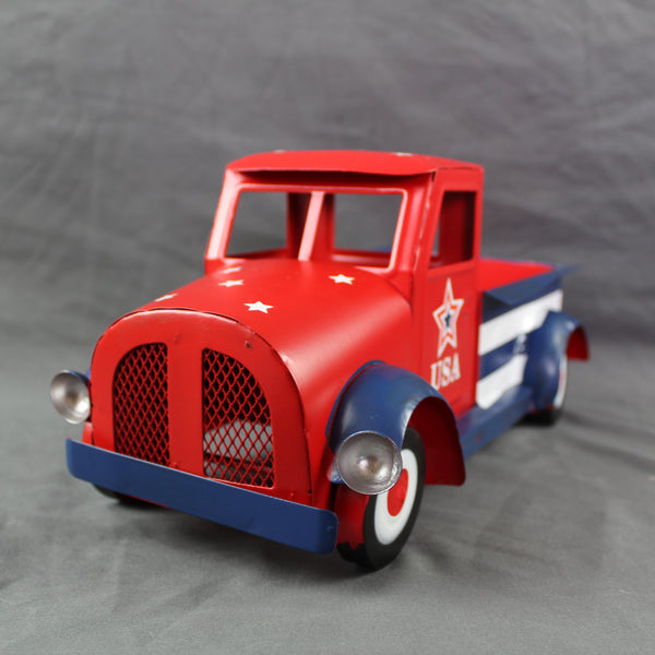 USA FLAG RED TRUCK 12" PICKUP TRUCK METAL ART FIGURINE VINTAGE GARDEN ART WESTERN HOME DECOR HANDMADE  #EH12865