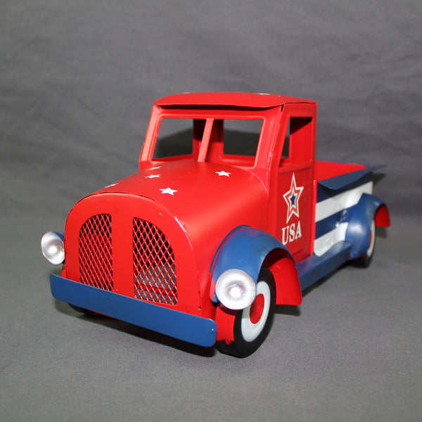 USA FLAG RED TRUCK 12" PICKUP TRUCK METAL ART FIGURINE VINTAGE GARDEN ART WESTERN HOME DECOR HANDMADE  #EH12865