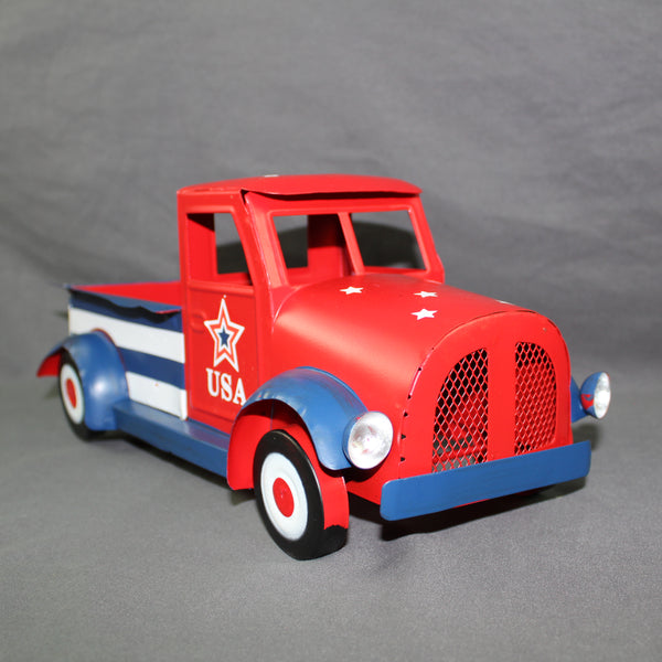 USA FLAG RED TRUCK 12" PICKUP TRUCK METAL ART FIGURINE VINTAGE GARDEN ART WESTERN HOME DECOR HANDMADE  #EH12865